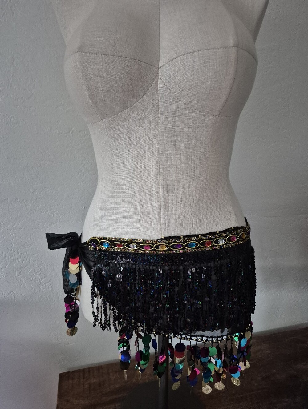 Black Sequin Fringe Hip Scarf Belt with Multicolor Coins Os